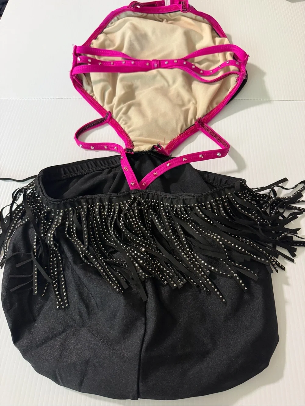 Pumpers jazz dance costume custom solo pink illusion black jazz fringe SA adult